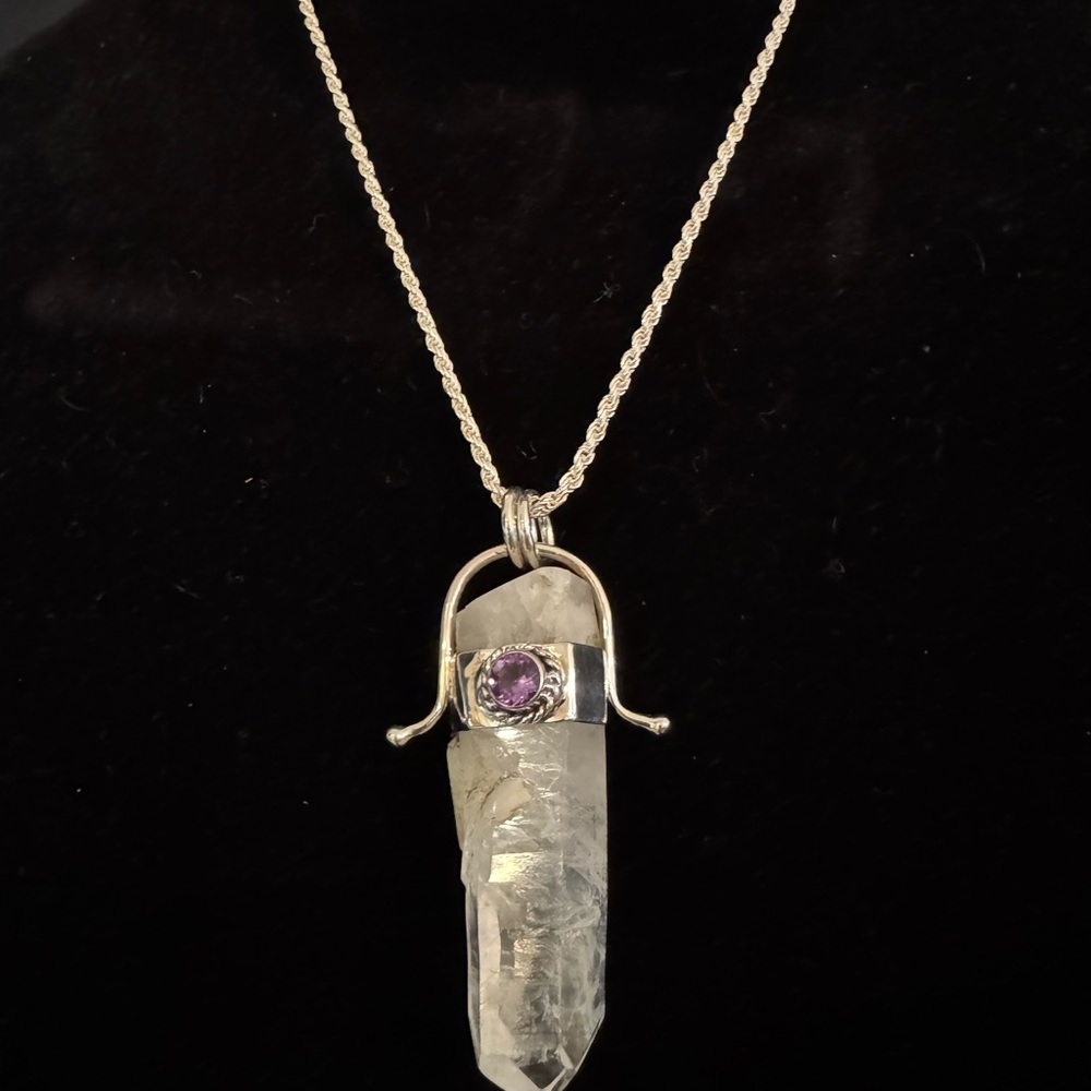 Sterling Silver and Purple amethyst and Crystal Pendant Necklace